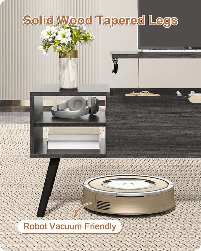ALINE FURNITURE Gray Coffee Table Lift Top - Dark Grey Coffee Table with Solid Wood Legs, Hidden Storage Compartment & Open Shelves - 40" Rectangle Coffee Tables for Living Room