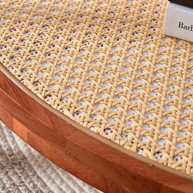 Mid Century Modern Coffee Table with Glass Top and PE Rattan Storage Shelf, 2-Tier 35 Inch Solid Wood Round Boho Coffe Table, Unique Center Table for Livinig Room Apartment Small Space