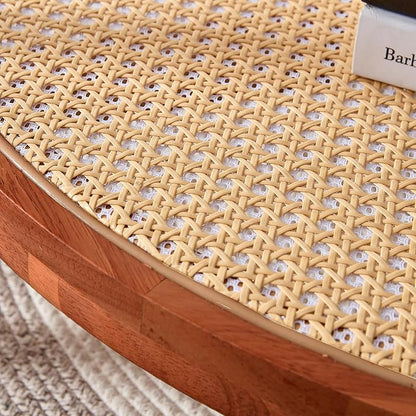 Mid Century Modern Coffee Table with Glass Top and PE Rattan Storage Shelf, 2-Tier 35 Inch Solid Wood Round Boho Coffe Table, Unique Center Table for Livinig Room Apartment Small Space