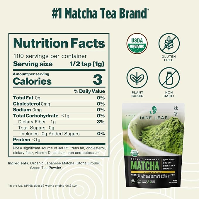 Jade Leaf Matcha Organic Culinary Grade Matcha Powder - Premium Second Harvest - Authentic Japanese Origin (3.53 Ounce Resealable Pouch)