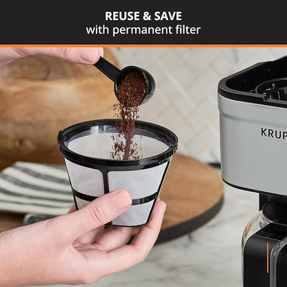 Krups Simply Brew Stainless Steel Drip Coffee Maker 5 Cup, Keep Warm Function, Reusable coffee filter, Ultra Compact 650 Watts Coffee Filter, Drip Free, Dishwasher Safe Pot, Silver and Black