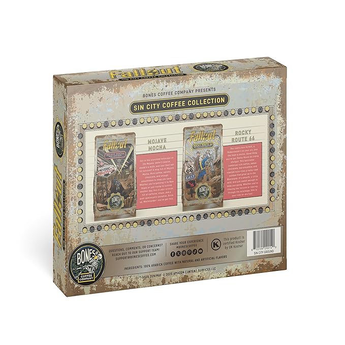 Bones Coffee Company Fallout Sin City Coffee Collector's Box, 2 Flavored Coffee Low Acid Medium Roast Arabica Beans Specialty Gifts, Auto Drip and French Press Compatible, 12 oz Pack of 2 Whole Bean