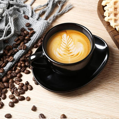 vicrays 6.5 oz Cappuccino Cups with Saucers, Set of 4, Ceramic Coffee Cup for Au Lait, Double shot, Latte, Cafe Mocha, Tea (Black)