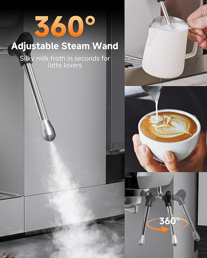 AMZCHEF Espresso Machine 20 Bar – Professional Coffee Maker with Milk Frother, Adjustable Temperature & Pressure, Compact Stainless Steel Espresso Maker for Cappuccino, Latte, Mocha, 44oz Water Tank