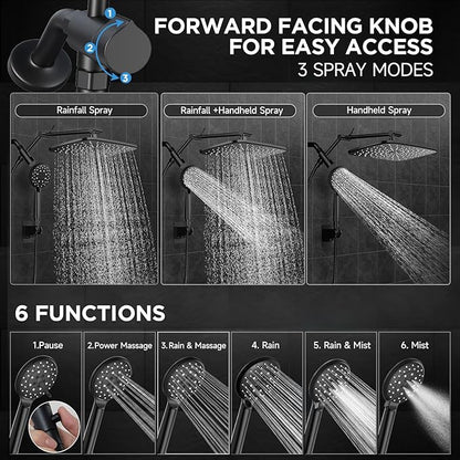Veken Wide Rain Shower Head with Multi-Modes Handheld Water Spray,High Pressure Showerhead Combo with Arm for Bathroom Accessories,Home Decor Adjustable Dual Shower with Anti-Clog Nozzles,Matte Black