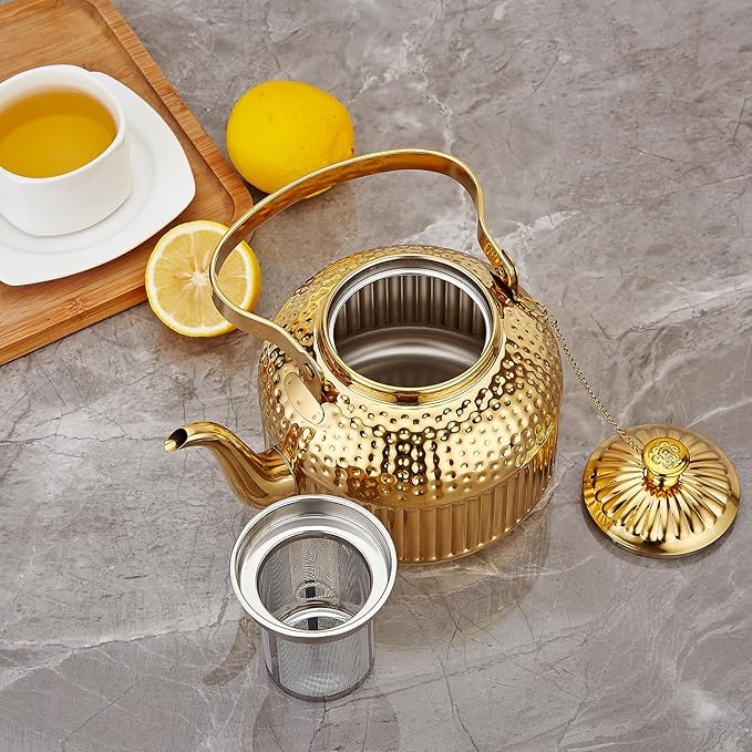 SANQIAHOME Antique 1.5L (50Oz) Stainless Steel Teapot with Infuser Gold