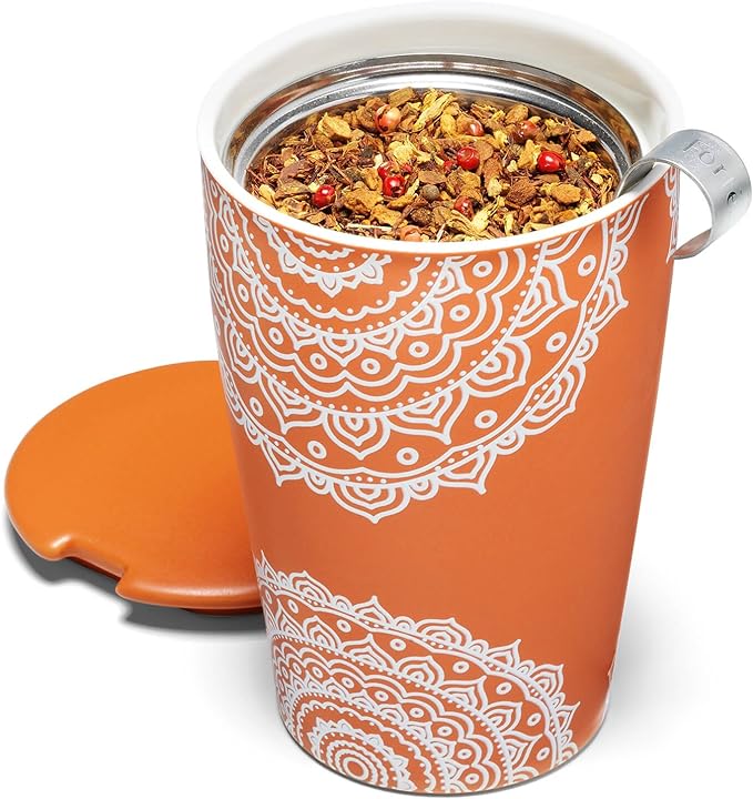 Tea Forte Chakra Double-Walled Ceramic Kati Cup with Removable Stainless Steel Infuser Basket and Lid, Steeps 12 oz Loose Leaf Tea, Lid and Cup Dishwasher & Microwave Safe