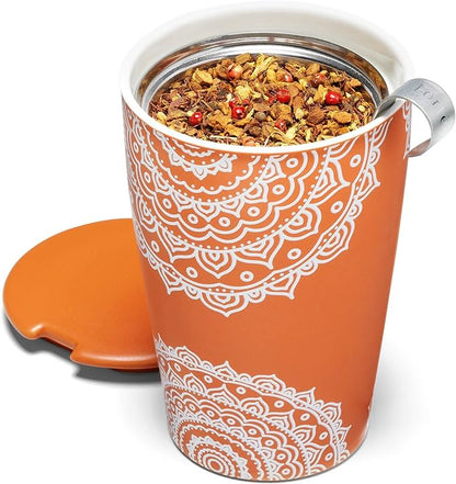 Tea Forte Chakra Double-Walled Ceramic Kati Cup with Removable Stainless Steel Infuser Basket and Lid, Steeps 12 oz Loose Leaf Tea, Lid and Cup Dishwasher & Microwave Safe