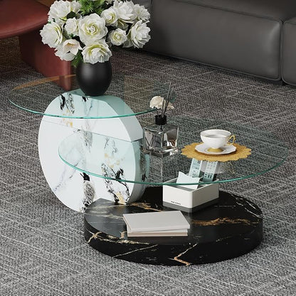 42 Inch Glass Coffee Table，Round Coffee Table with 2-Tier Tempered Glass Tabletop，Easy to Clean Circle Coffee Table with Sturdy Base for Living Room，Office (White & Black Marble Colored Base)