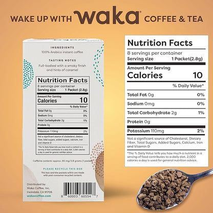 Waka Premium Instant Coffee Sachets — 100% Arabica Freeze Dried Beans — For Hot or Iced Coffee (8 Count, Dark Roast)