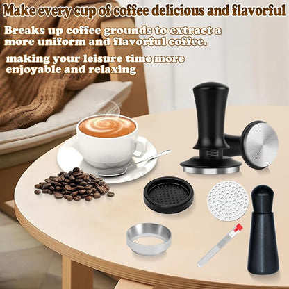 Coffee Espresso Tamper 51mm with WDT Tool Calibrated Spring Loaded,wdt tool espresso and Silicone Tamper Mat,Dosing funnel and coffee puck screen,Black espresso accessories Tool,12 replacement needles