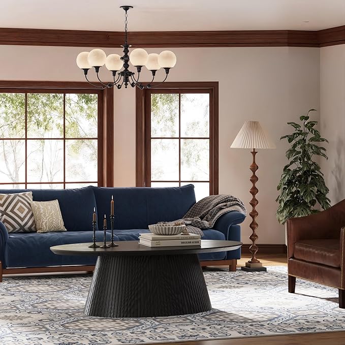 win2win Oval Coffee Table, Modern Coffee Table with Fluted Design, Minimalist Tea Table with Wood Grain Veneer, Small Funky Center Table for Living Room, Apartment, Office, Black