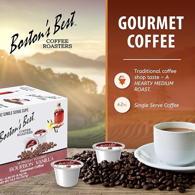 Boston’s Best - Bourbon Vanilla Coffee Blend, Tasty Flavored Blend, Gourmet Compatible with Keurig Coffee Maker, 1 Count (42 Single Serve Medium Roast Cups)