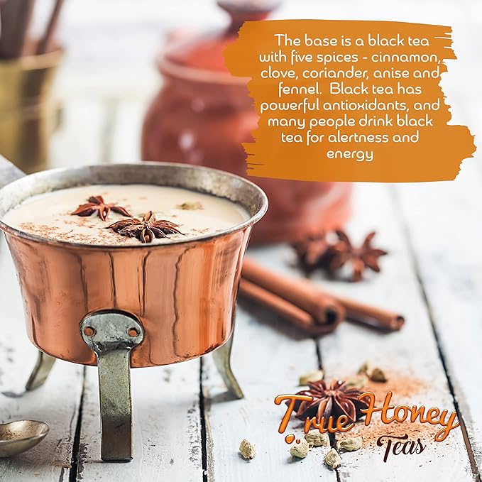 True Honey Chai Tea Bags - Providing Herbal Wellness - All Natural Organic Cinnamon, Clove, Coriander, Anise and Fennel Black - Blended with Honey Crystals Blended - 24 Count