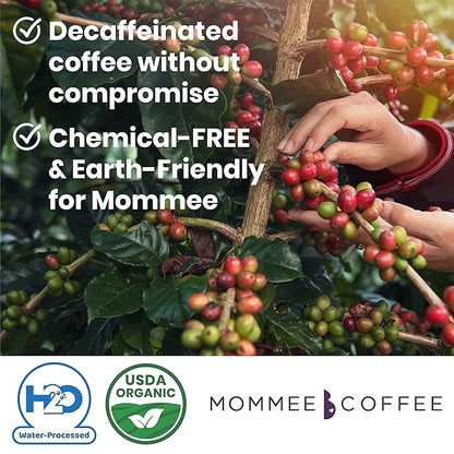 Mommee Coffee Half Caf Low Acid Whole Organic Coffee Beans - 100% Arabica Organic Half Caff Coffee Beans with Smooth Caramel Flavor - Natural Process - Medium Roast - 11 oz