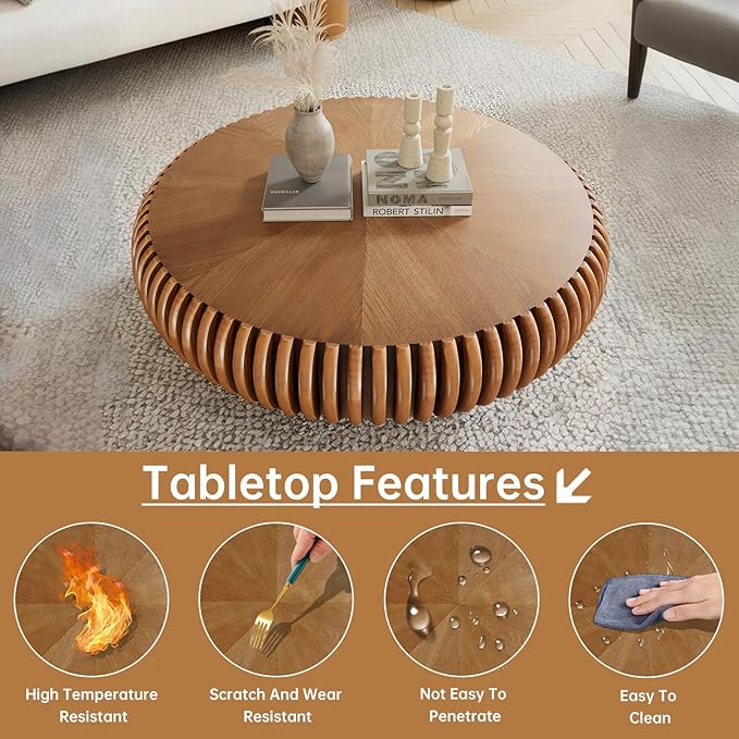 Round Coffee Table 31.4" Modern Brown Fluted Coffee Table Low Round Drum Pedestal Coffee Tables for Living Room Farmhouse (Brown 31.4in)