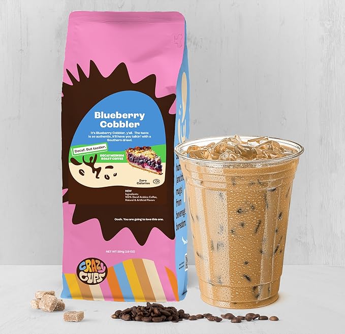 Crazy Cups Flavored Ground Decaf Blueberry Coffee, Decaffeinated Blueberry Cobbler, For Brewing Flavored Hot or Iced Coffee, 10 oz Bag