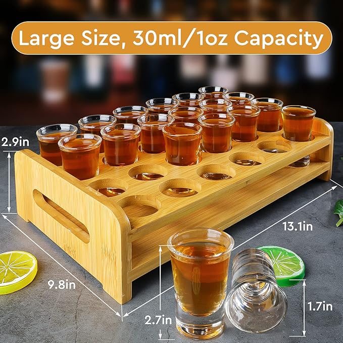Shot Glasses Set of 24 Large Shot Glasses and Holder 1oz/30ml Shot Glass Tray Stand Thick Base for Party Club Bar Home Tools Restaurant Kitchen Barware Glassware Drinking Spirit Tasting Gifts