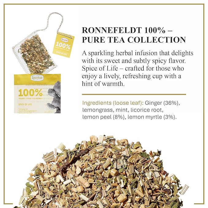 Ronnefeldt 100% Spice of Life – German Herbal Tea with Ginger, Lemongrass, Mint & Lemon Peel – Loose Leaf Chai in 15 Individually Wrapped Bags – Naturally Caffeine-Free