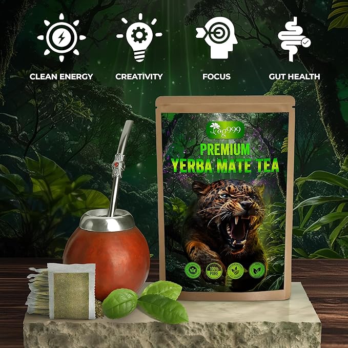 TOG999, 60 Tea Bags Yerba Mate, Hi-Caffeine, Unsmoked Yerba Mate Tea Bags, Super-Green Yerba Mate, No Dust, Fresh - Never Aged (Ilex Paraguariensis), Cultivated from Argentina - Rich in Antioxidants and Plant Nutrients.