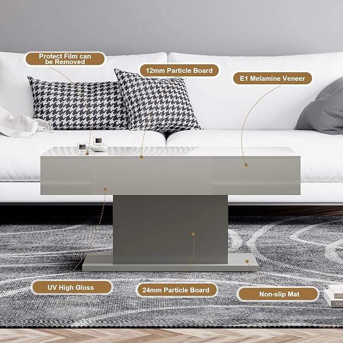 Led Coffee Table for Living Room, Living Room Table Rectangular Center Table, Modern High Glossy Wooden Coffee Tables with 16 Colors LED Lights for Dining Reception Room, Grey