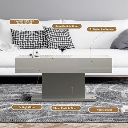 Led Coffee Table for Living Room, Living Room Table Rectangular Center Table, Modern High Glossy Wooden Coffee Tables with 16 Colors LED Lights for Dining Reception Room, Grey