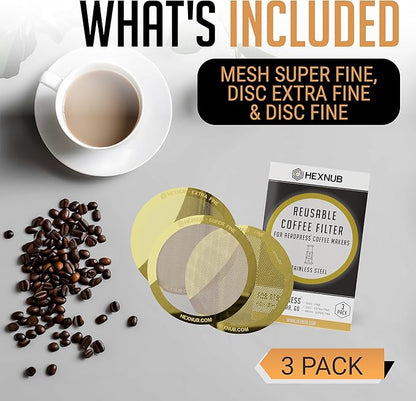 HEXNUB - Reusable Metal Filter for AeroPress Coffee Maker, Stainless Steel Filter Fits AeroPress Original & Go Coffee Press, Fuller Bodied Coffee Than Paper Filters - GOLD 3-PACK