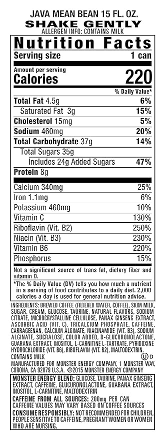 Monster Energy Java Monster Mean Bean, Coffee + Energy Drink, 15 Ounce (Pack of 12)