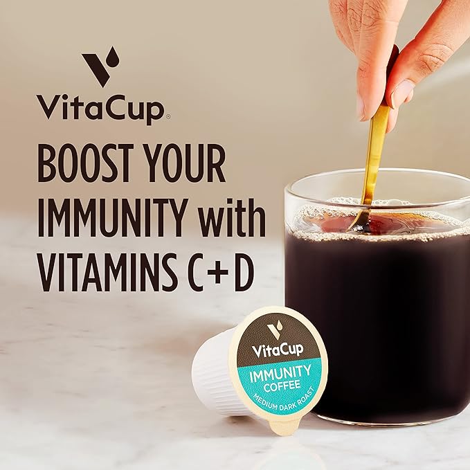 VitaCup Immunity Coffee Pods, Wellness Boost with Antioxidants, Echinacea, Probiotics, Vitamin C & D3, Medium Dark Roast, Recyclable Single Serve Pod Compatible with Keurig K-Cup Brewers,32 Ct