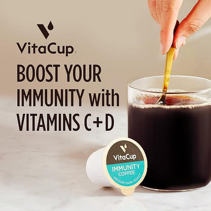 VitaCup Immunity Coffee Pods, Wellness Boost with Antioxidants, Echinacea, Probiotics, Vitamin C & D3, Medium Dark Roast, Recyclable Single Serve Pod Compatible with Keurig K-Cup Brewers,32 Ct