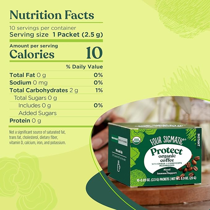 Organic Instant Coffee Powder by Four Sigmatic | Arabica Instant Coffee Singles with Cordyceps, Chaga and Eleuthero | Mushroom Coffee Instant Mix for Better Focus and Immune Support | 10 Packets