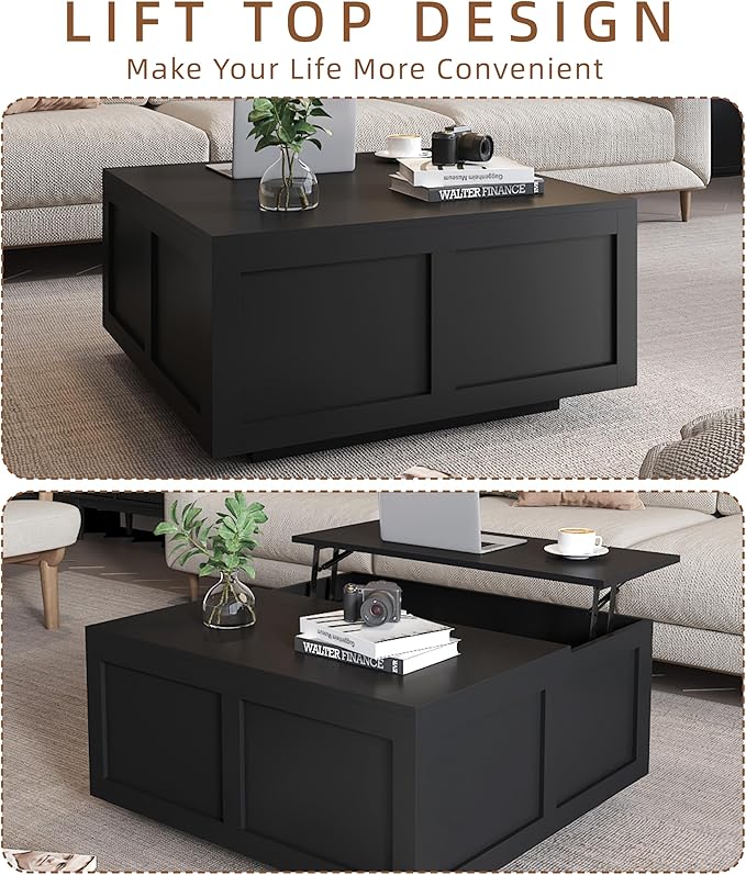 Lift Top Coffee Table with Storage, 31.5" Square Black Coffee Table with Large Hidden Storage, Wood Living Room Table Center Table for Living Room Dining Reception Room