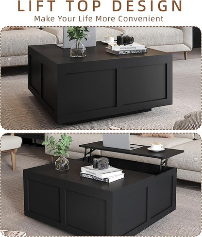Lift Top Coffee Table with Storage, 31.5" Square Black Coffee Table with Large Hidden Storage, Wood Living Room Table Center Table for Living Room Dining Reception Room