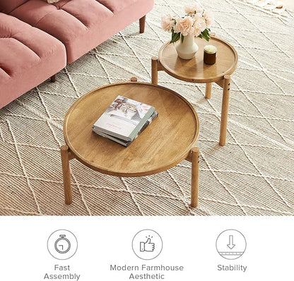 mopio Dylan Coffee Table, Small Round Coffee Table Set, 2 Piece Solid Wood, Boho, Farmhouse, Rustic, Modern, Circle, Living Room Table, Nesting Tables, with Sturdy Durable 3-Leg (Round Nesting Tables)