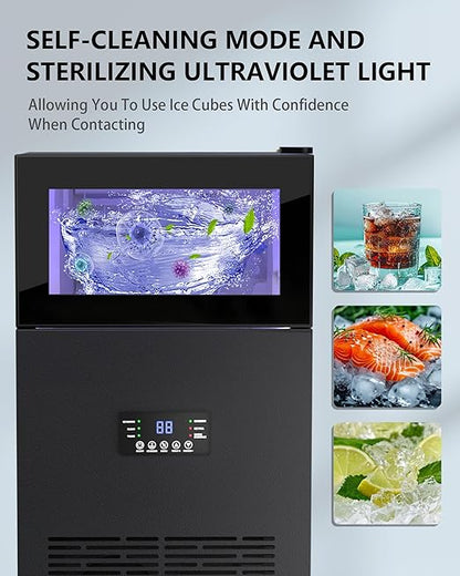 Commercial Ice Maker Machine 𝟏𝟐𝟎𝐋𝐛𝐬/𝐃𝐚𝐲, Undercounter Ice Makers 40Lbs Storage Bin and 45 Ice Trays, Outdoor Ice Maker Brushed Metal with Water Line, Ice Scoop, for Home, Bar, Party