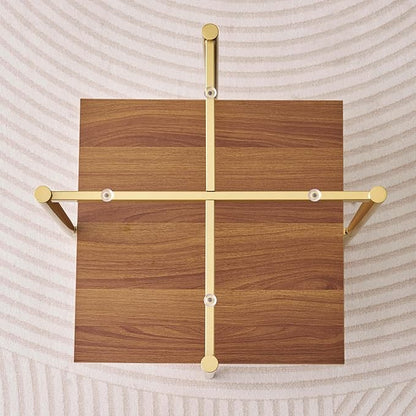 Glass End Table, Mid-Century Modern Design Sofa Table, L41 x W21 x H17, for Living Room, 2-Tier Structure, Clear Glass Top and Walnut MDF Shelf, Sleek Conical Metal Legs with Gold Finish Frame