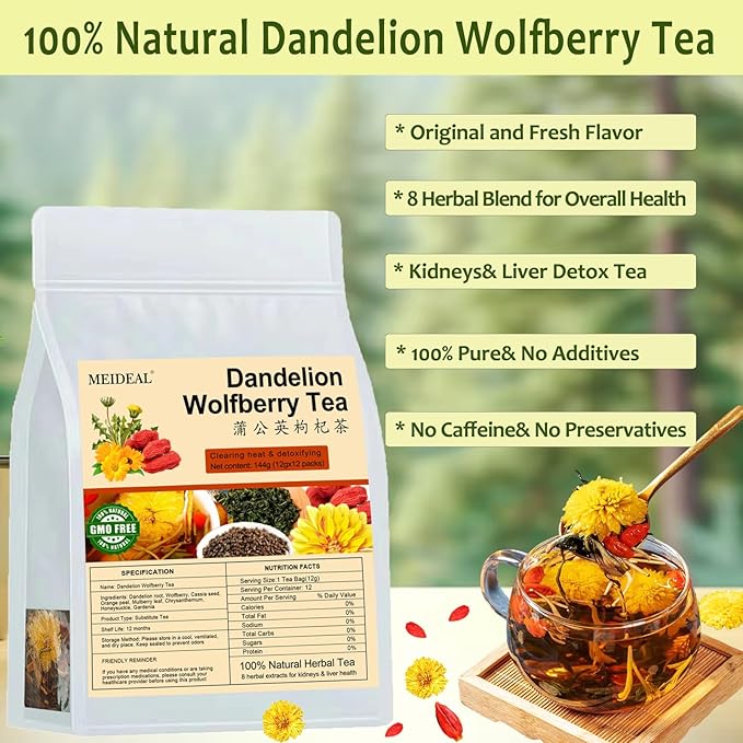 Dandelion Wolfberry Tea, 12 Pcs Organic Dandelion Tea for Kidneys & Liver Health, Eight Natural Chinese Herbal Ingredients Blend with Chrysanthemum, Wolfberry, Cassia Seed (144g (12gx12 packs)