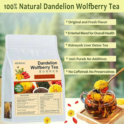 Dandelion Wolfberry Tea, 12 Pcs Organic Dandelion Tea for Kidneys & Liver Health, Eight Natural Chinese Herbal Ingredients Blend with Chrysanthemum, Wolfberry, Cassia Seed (144g (12gx12 packs)