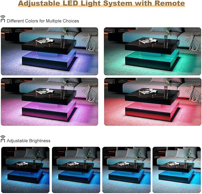 Black LED Coffee Table for Living Room, Living Room Table 2-Tier Square Middle Center Table, Modern Coffee Tables with Storage, Contemporary Wood Tea Tables for Dining Reception