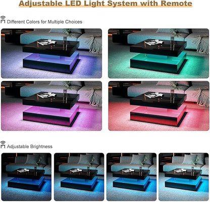 Black LED Coffee Table for Living Room, Living Room Table 2-Tier Square Middle Center Table, Modern Coffee Tables with Storage, Contemporary Wood Tea Tables for Dining Reception