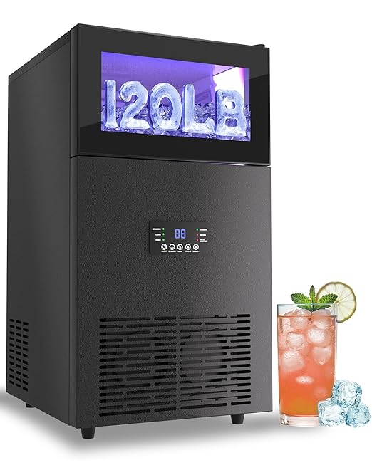Commercial Ice Maker Machine 𝟏𝟐𝟎𝐋𝐛𝐬/𝐃𝐚𝐲, Undercounter Ice Makers 40Lbs Storage Bin and 45 Ice Trays, Outdoor Ice Maker Brushed Metal with Water Line, Ice Scoop, for Home, Bar, Party