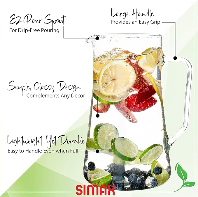 Simax Large Glass Pitcher With Spout, 2.5 Quart (80 Ounce) Borosilicate Glass Iced Tea Pitchers with Handle, Angled Cylinder Design, Glass Water Pitcher,