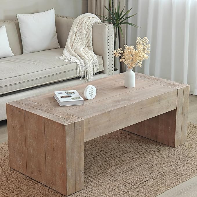 Natural Wood Coffee Tables for Living Room, Rectangle Cocktail Table Wooden Room Table, Rustic Coffee Table for Office and Apartment