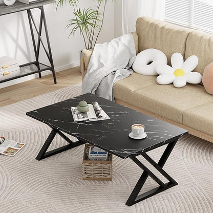 Coffee Table Living Room Table Black Center Table, Simple Modern Faux Marble Rectangular Tea Table with Sturdy Black-Finished Metal Frame,Industrial Wooden Coffee Table for Bedroom Home Office