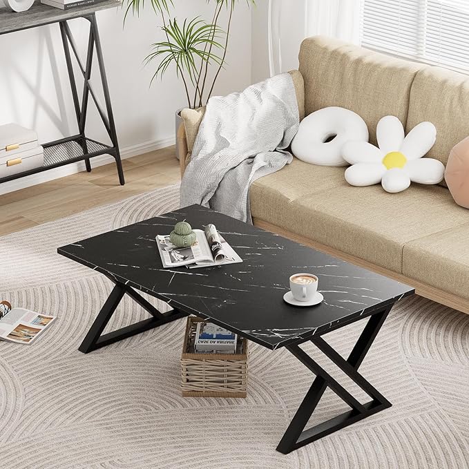 Coffee Table Living Room Table Black Center Table, Simple Modern Faux Marble Rectangular Tea Table with Sturdy Black-Finished Metal Frame,Industrial Wooden Coffee Table for Bedroom Home Office