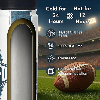 Football Water Bottle, 24 oz Insulated Stainless Steel Sports Bottle with Straw, Football Stuff Gifts for Boys