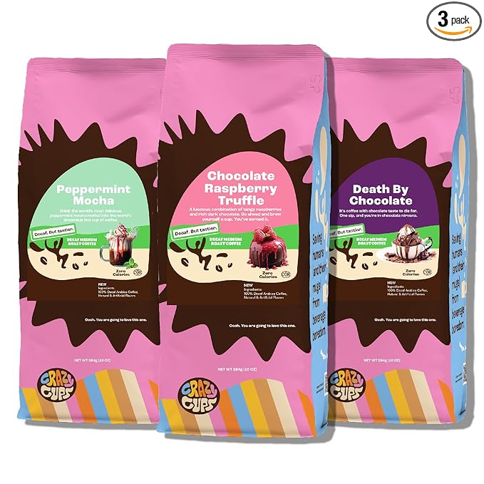 Crazy Cups Decaf Chocolate Lovers Ground Coffee Variety Pack 3 Pack, Decaf Chocolate Flavored Ground Coffees, Includes Death By Chocolate, Peppermint Chocolate Mocha, Chocolate Raspberry, 10 oz bags