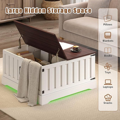 31.5" Lift Top Coffee Table with Storage, Led Square White Coffee Table with Large Hidden Storage, Wood Living Room Table Center Table for Living Room Dining Reception Room