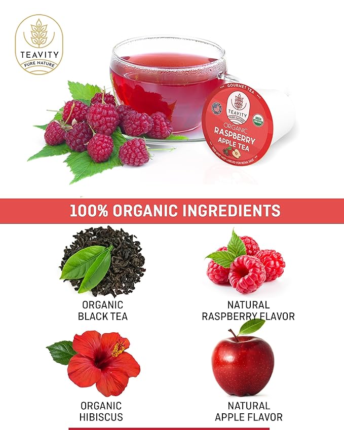 Organic Raspberry Apple Black Tea Pods for Keurig - Naturally Caffeinated Fruit Tea by Teavity (24 Tea Pods)