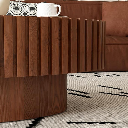 43.31" Oval Drum Coffee Table, Modern Handcraft Fluted Drum Center Table, Wooden Oval Coffee Table Center Table with Sturdy Pedestal for Living Room Apartment (Natural Wood)